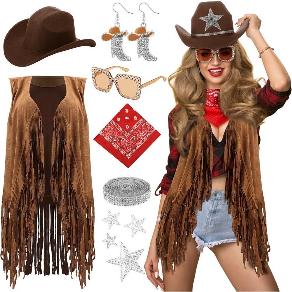 Western Cowgirl Accessories Set Fringe Vest Hat Earrings Glasses Paisley